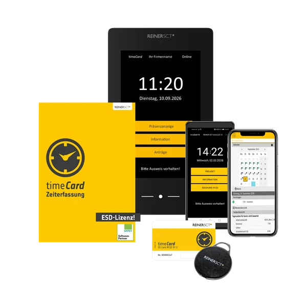 REINER SCT timeCard mit Terminal, Smartphone-App und Zeiterfassungskarten